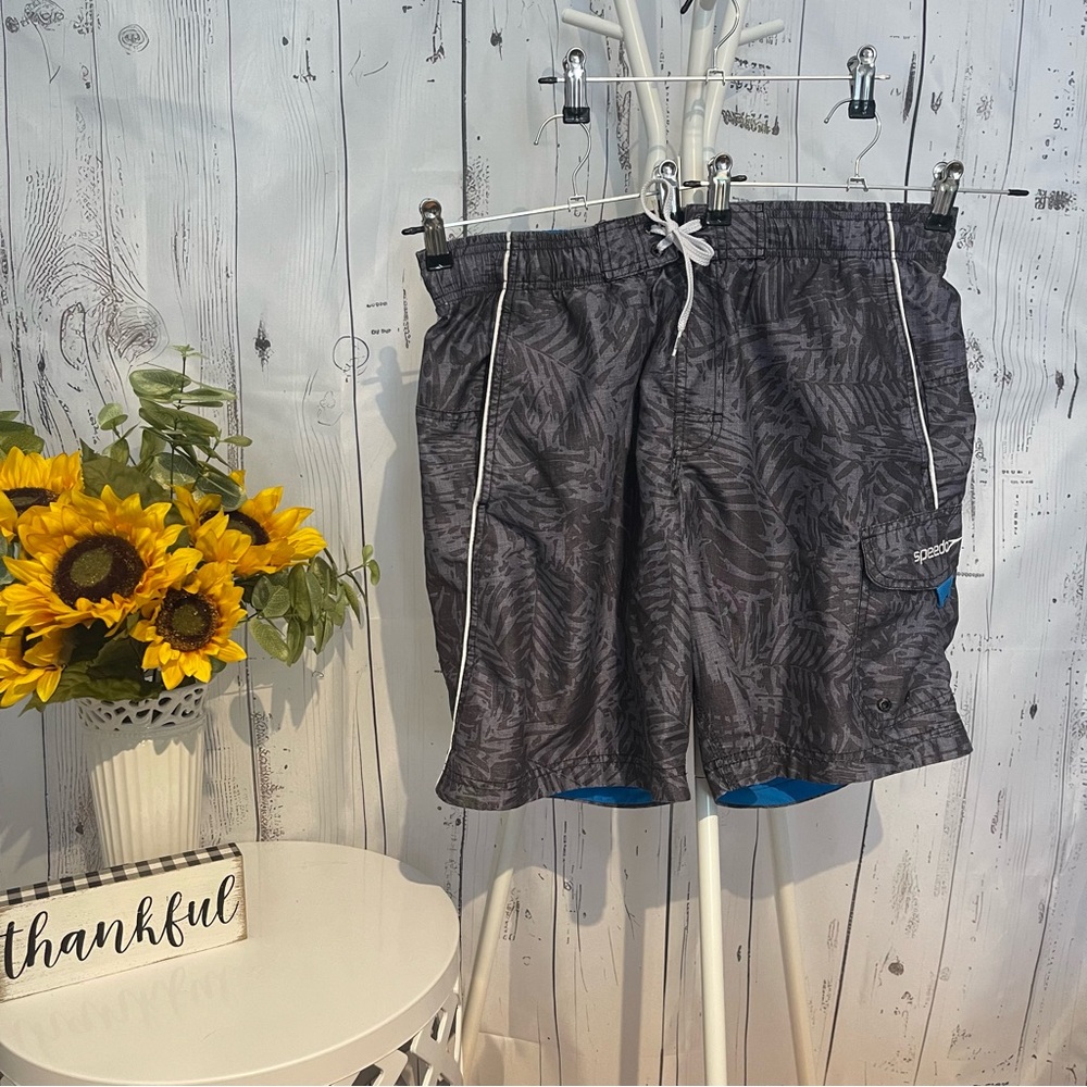Speedo Mens Board Shorts Bathing Suit Gray Palm Leafs Sz S Preowned